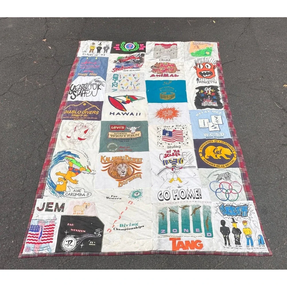 Vtg 90s Graphic T-Shirt Quilt Handmade Patchwork Blanket Levis Bart College